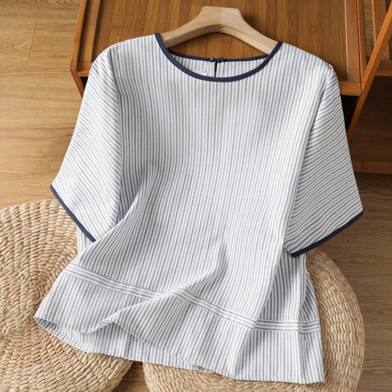 Pullover Stripes Crew Neck Design Women's Cotton Short Sleeves Shirt