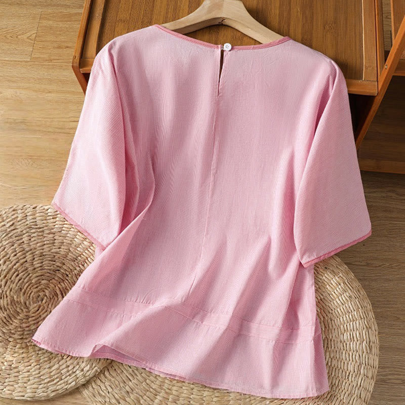 Pullover Stripes Crew Neck Design Women's Cotton Short Sleeves Shirt - Image 8