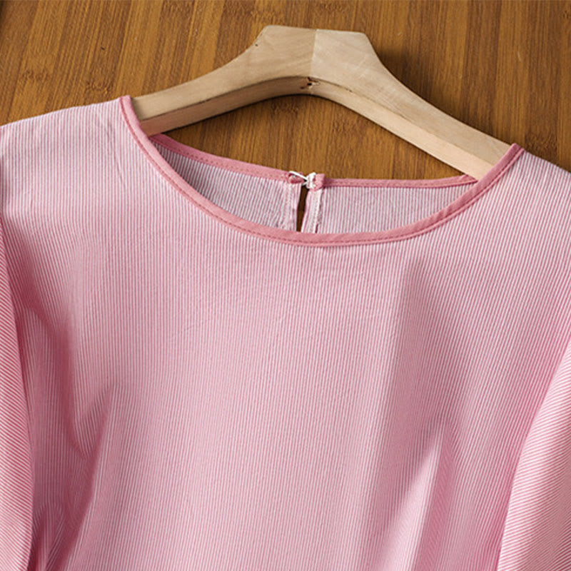 Pullover Stripes Crew Neck Design Women's Cotton Short Sleeves Shirt - Image 9