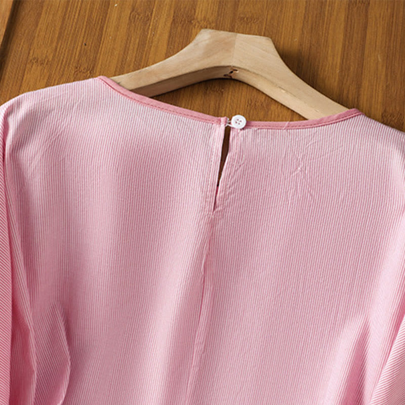 Pullover Stripes Crew Neck Design Women's Cotton Short Sleeves Shirt - Image 10