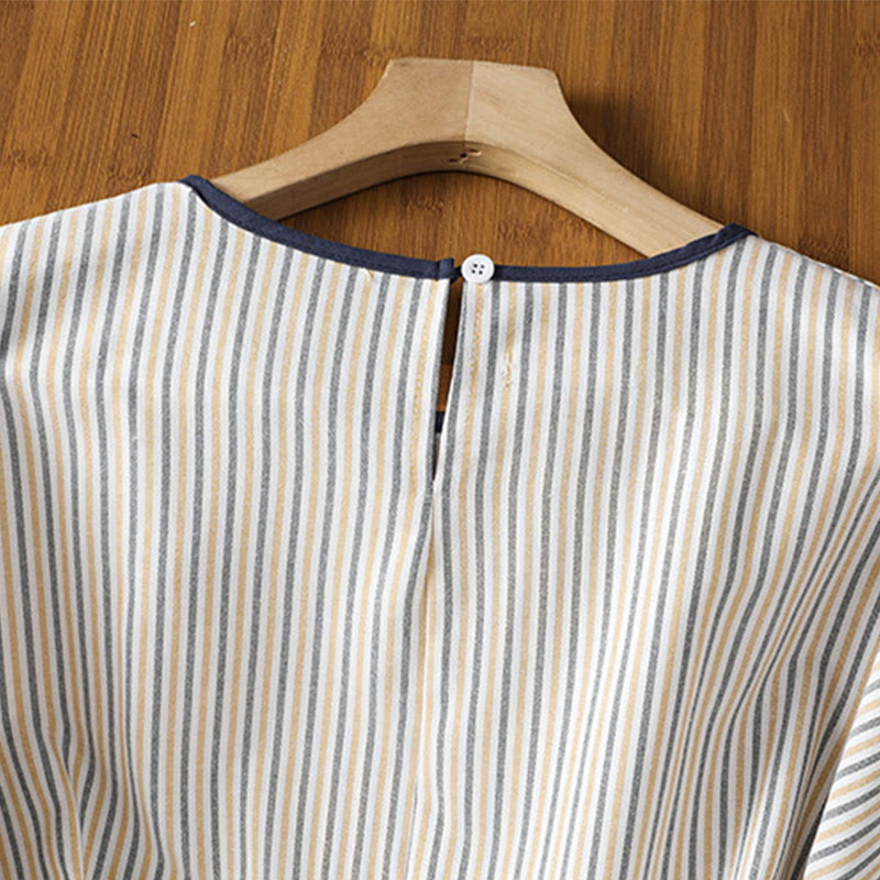 Pullover Stripes Crew Neck Design Women's Cotton Short Sleeves Shirt - Image 17