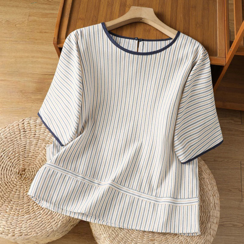 Pullover Stripes Crew Neck Design Women's Cotton Short Sleeves Shirt - Image 14