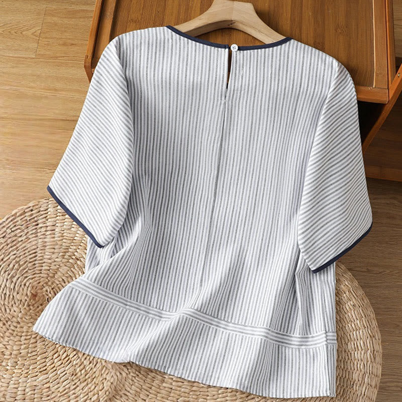 Pullover Stripes Crew Neck Design Women's Cotton Short Sleeves Shirt - Image 2