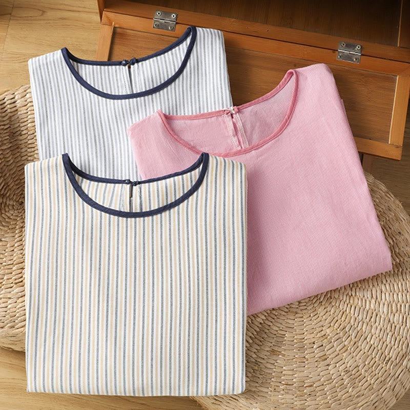 Pullover Stripes Crew Neck Design Women's Cotton Short Sleeves Shirt - Image 20