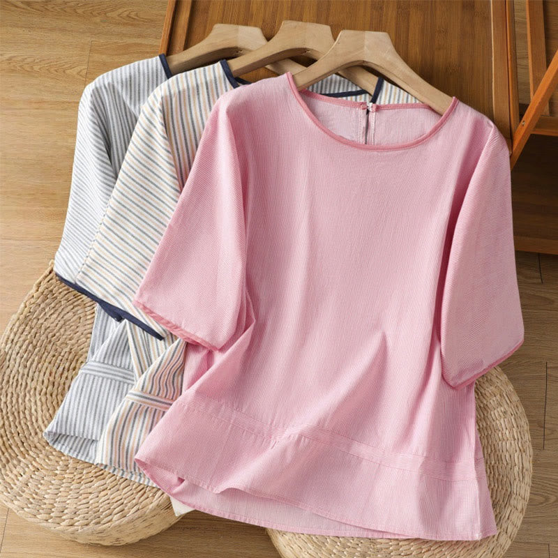 Pullover Stripes Crew Neck Design Women's Cotton Short Sleeves Shirt - Image 21