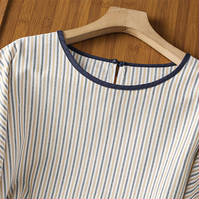 Pullover Stripes Crew Neck Design Women's Cotton Short Sleeves Shirt - Image 16