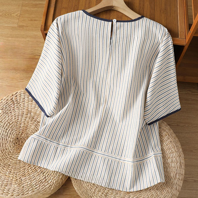 Pullover Stripes Crew Neck Design Women's Cotton Short Sleeves Shirt - Image 15
