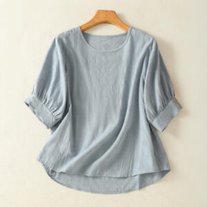 Plain Crew Neck Design Women's Cotton Loose Short Sleeves Shirt