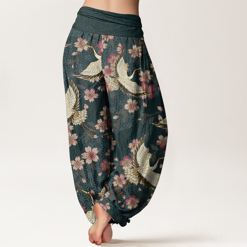 Pure Cotton Crane Peach Blossom Pattern Women's Elastic Waist Harem Pants - Image 2