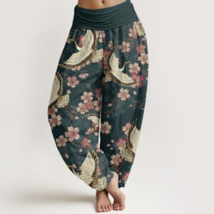 Pure Cotton Crane Peach Blossom Pattern Women's Elastic Waist Harem Pants