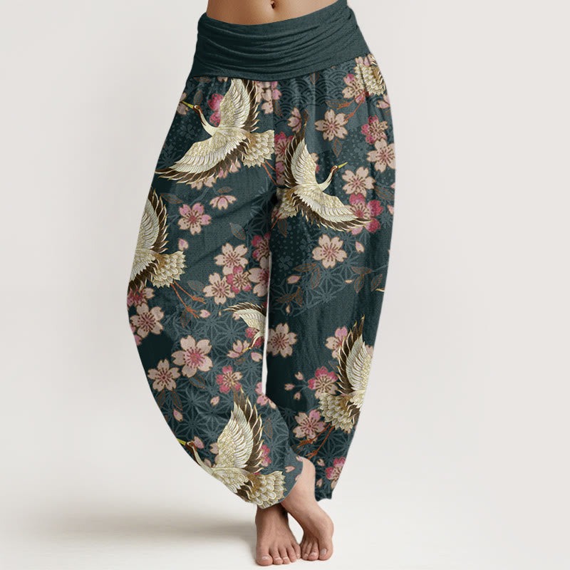 Pure Cotton Crane Peach Blossom Pattern Women's Elastic Waist Harem Pants