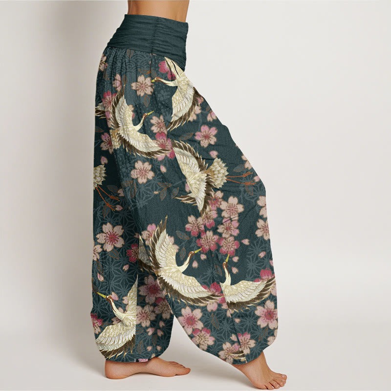 Pure Cotton Crane Peach Blossom Pattern Women's Elastic Waist Harem Pants - Image 3