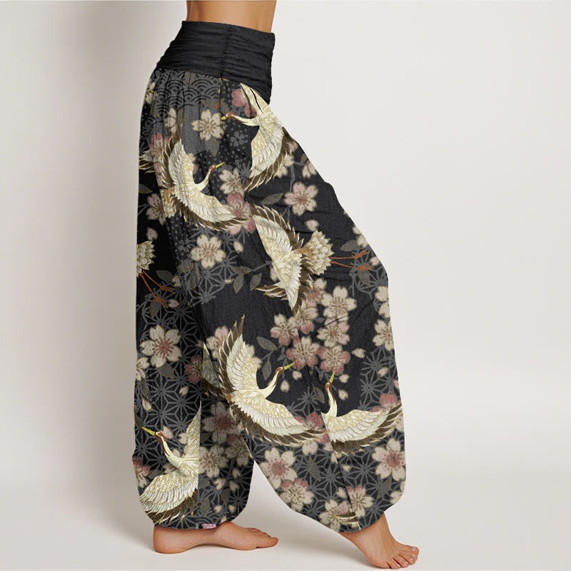 Pure Cotton Crane Peach Blossom Pattern Women's Elastic Waist Harem Pants - Image 11