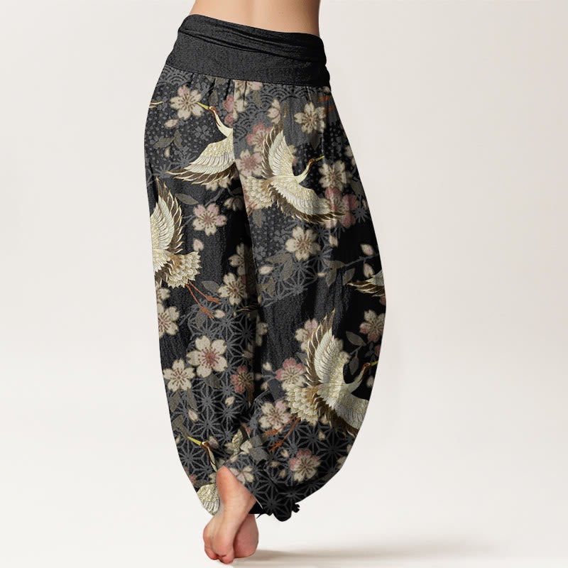 Pure Cotton Crane Peach Blossom Pattern Women's Elastic Waist Harem Pants - Image 10