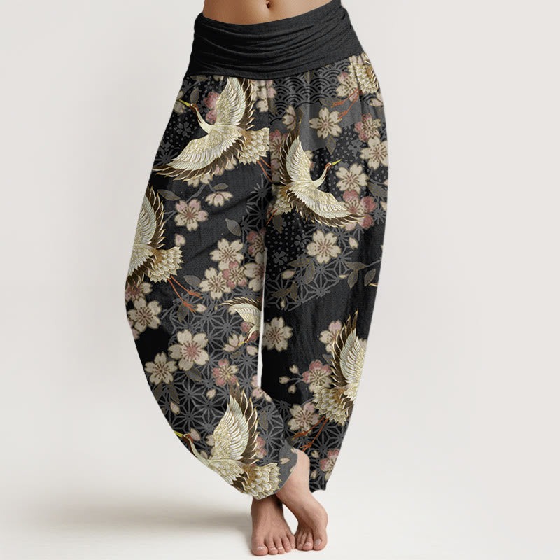 Pure Cotton Crane Peach Blossom Pattern Women's Elastic Waist Harem Pants - Image 9