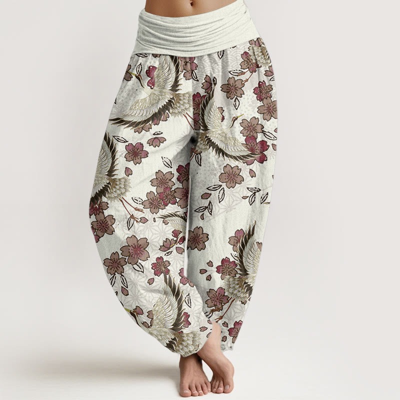 Pure Cotton Crane Peach Blossom Pattern Women's Elastic Waist Harem Pants - Image 6