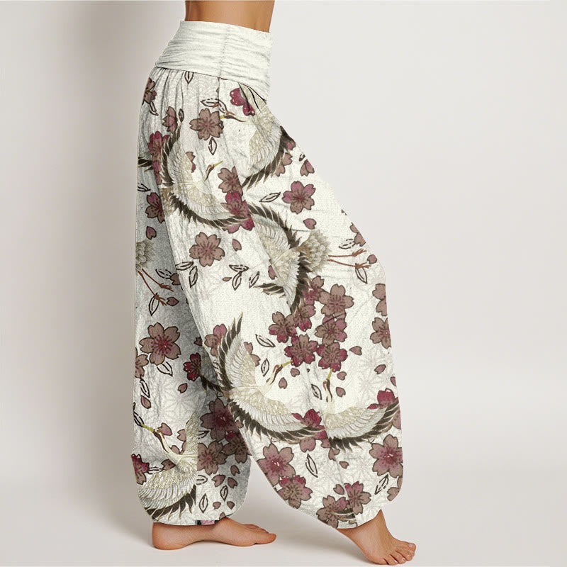 Pure Cotton Crane Peach Blossom Pattern Women's Elastic Waist Harem Pants - Image 8