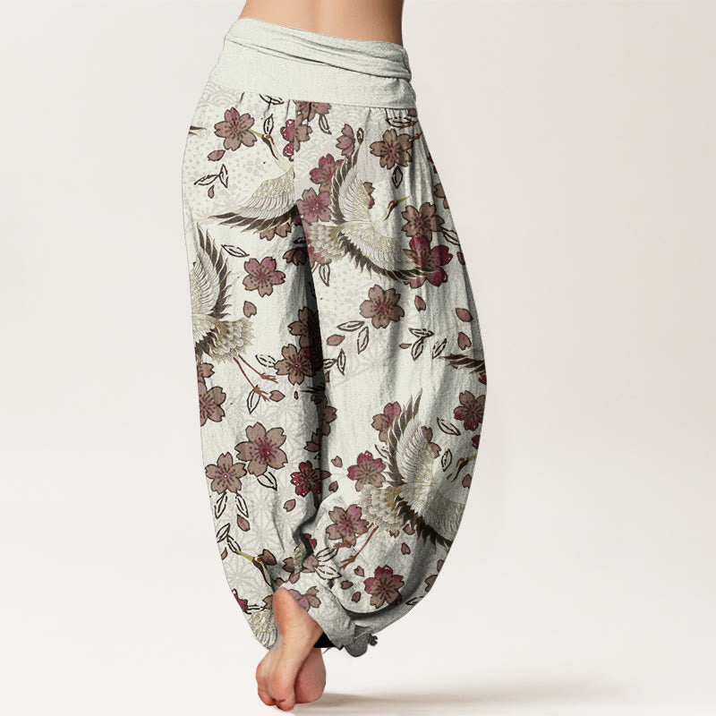 Pure Cotton Crane Peach Blossom Pattern Women's Elastic Waist Harem Pants - Image 7