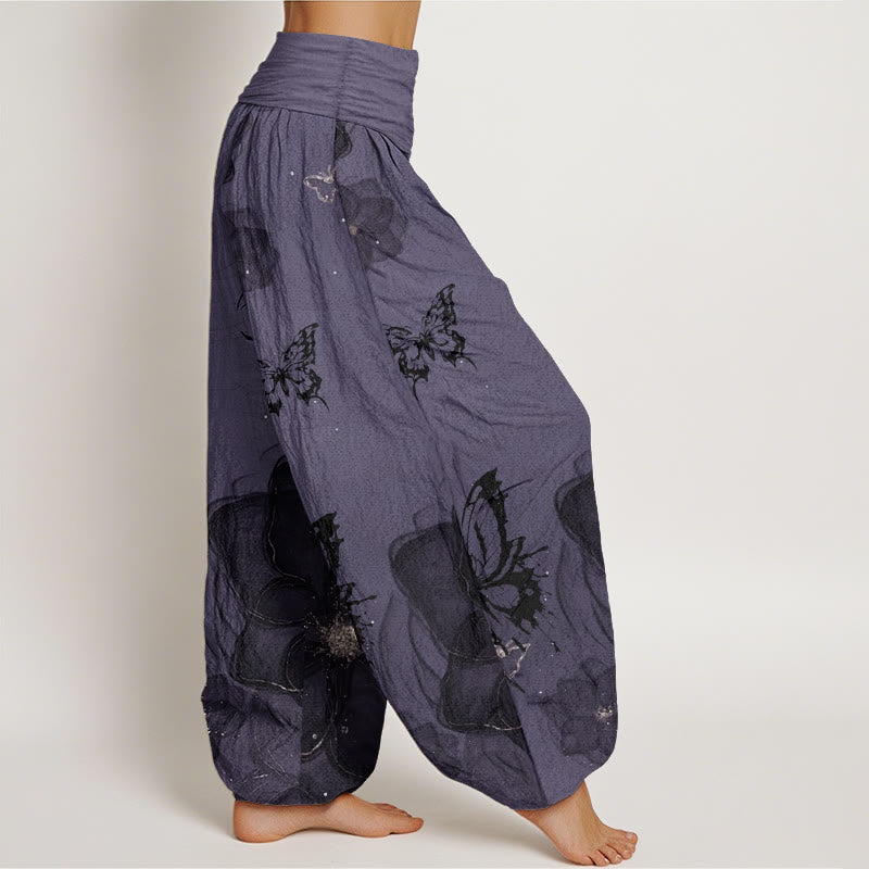 Pure Cotton Butterfly Flowers Pattern Women's Elastic Waist Harem Pants - Image 3
