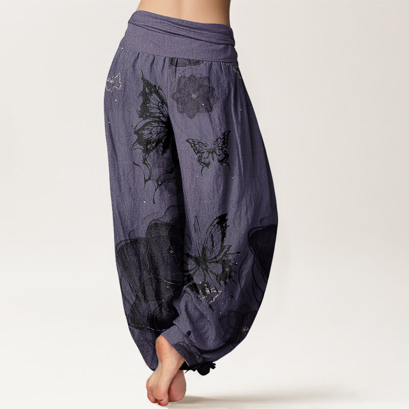 Pure Cotton Butterfly Flowers Pattern Women's Elastic Waist Harem Pants - Image 2