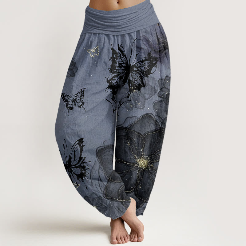 Pure Cotton Butterfly Flowers Pattern Women's Elastic Waist Harem Pants - Image 10