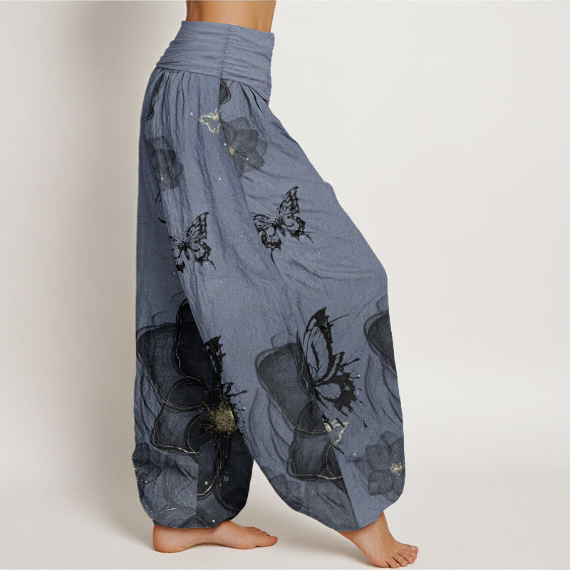 Pure Cotton Butterfly Flowers Pattern Women's Elastic Waist Harem Pants - Image 12