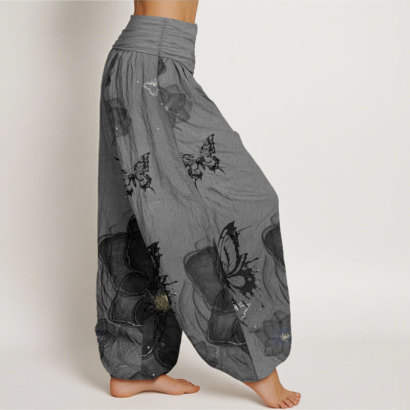 Pure Cotton Butterfly Flowers Pattern Women's Elastic Waist Harem Pants - Image 9