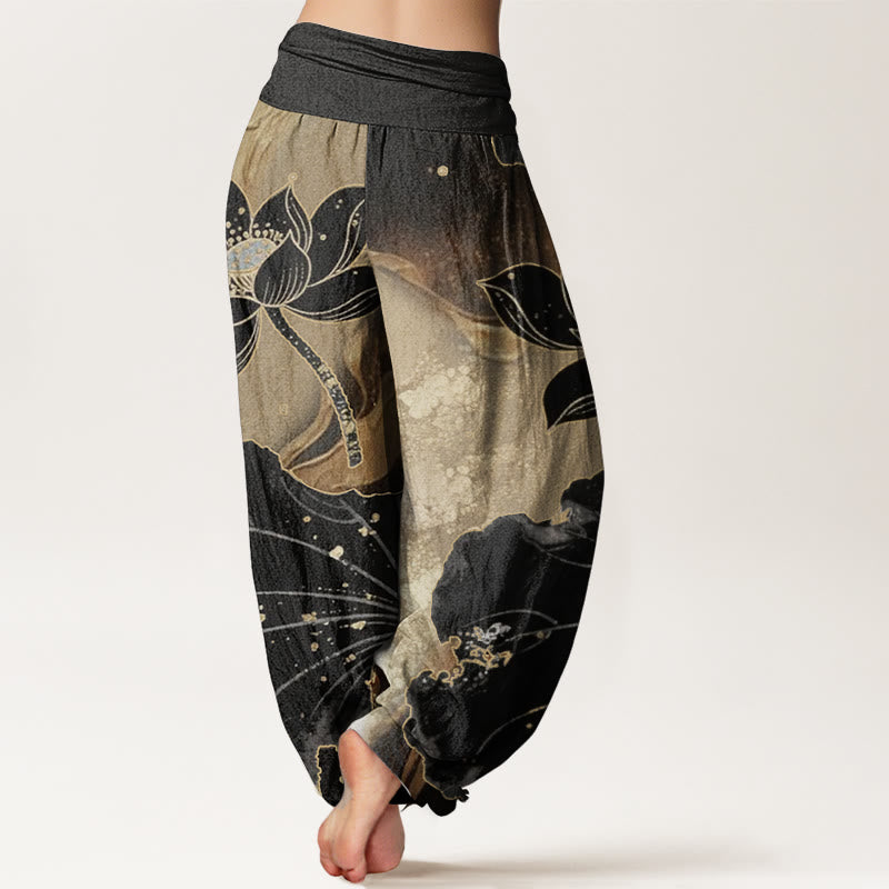 Pure Cotton Casual Lotus Petal Pattern Women's Elastic Waist Harem Pants - Image 2