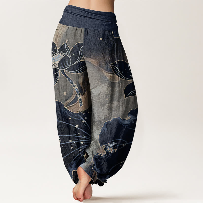 Pure Cotton Casual Lotus Petal Pattern Women's Elastic Waist Harem Pants - Image 11