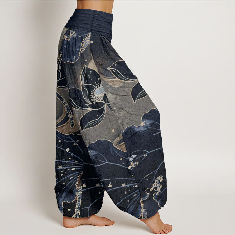 Pure Cotton Casual Lotus Petal Pattern Women's Elastic Waist Harem Pants - Image 12