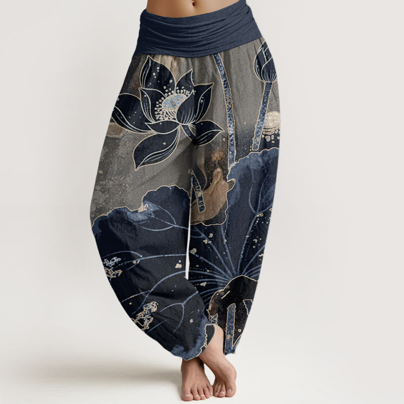 Pure Cotton Casual Lotus Petal Pattern Women's Elastic Waist Harem Pants - Image 10