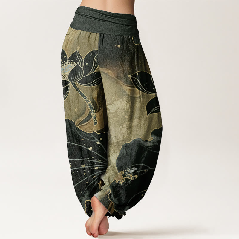 Pure Cotton Casual Lotus Petal Pattern Women's Elastic Waist Harem Pants - Image 8