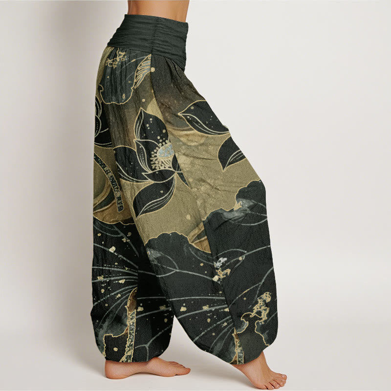 Pure Cotton Casual Lotus Petal Pattern Women's Elastic Waist Harem Pants - Image 9