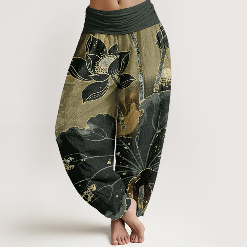 Pure Cotton Casual Lotus Petal Pattern Women's Elastic Waist Harem Pants - Image 7