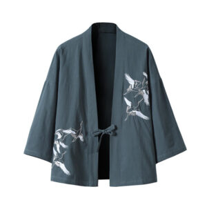 Embroidery Flying White Cranes Cotton Linen Open Front Jacket Men's Kimono