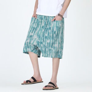 Summer Stripes Cotton Linen Men's Capri Pants With Pockets