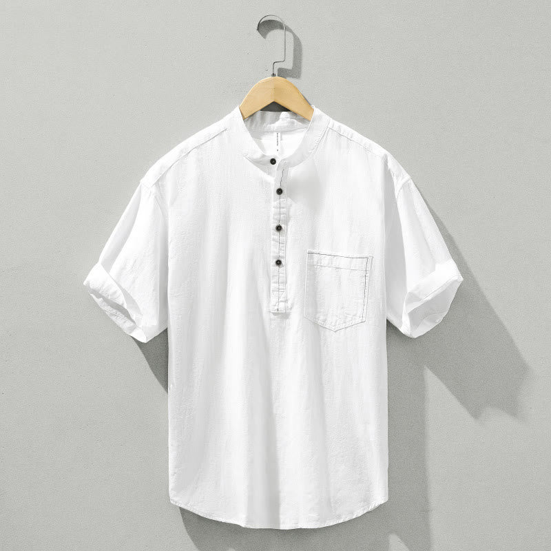 Summer Solid Men's Half Button Short Sleeve Cotton Shirt - Image 16