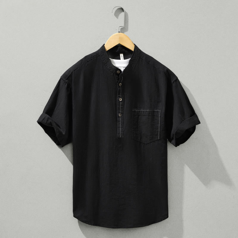 Summer Solid Men's Half Button Short Sleeve Cotton Shirt - Image 11