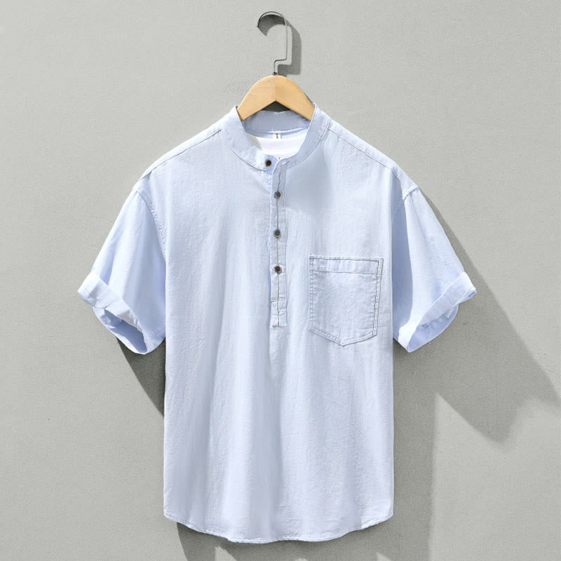 Summer Solid Men's Half Button Short Sleeve Cotton Shirt