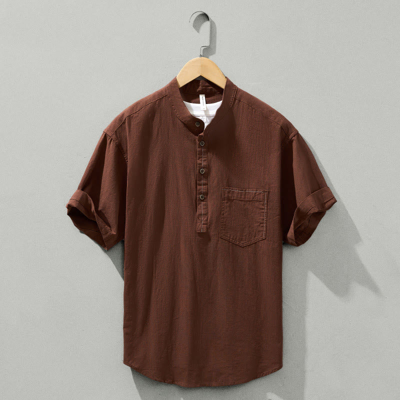 Summer Solid Men's Half Button Short Sleeve Cotton Shirt - Image 22