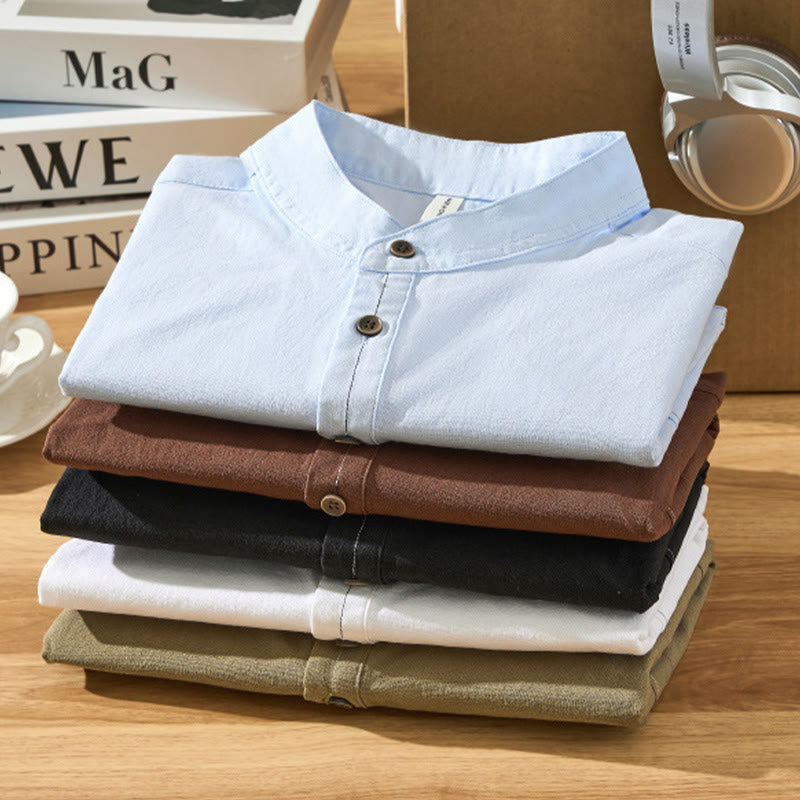 Summer Solid Men's Half Button Short Sleeve Cotton Shirt - Image 2