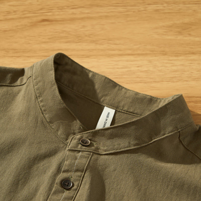 Summer Solid Men's Half Button Short Sleeve Cotton Shirt - Image 29