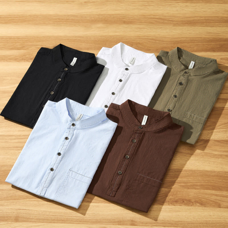 Summer Solid Men's Half Button Short Sleeve Cotton Shirt - Image 34
