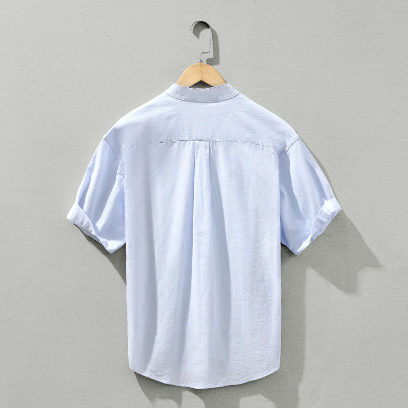 Summer Solid Men's Half Button Short Sleeve Cotton Shirt - Image 3
