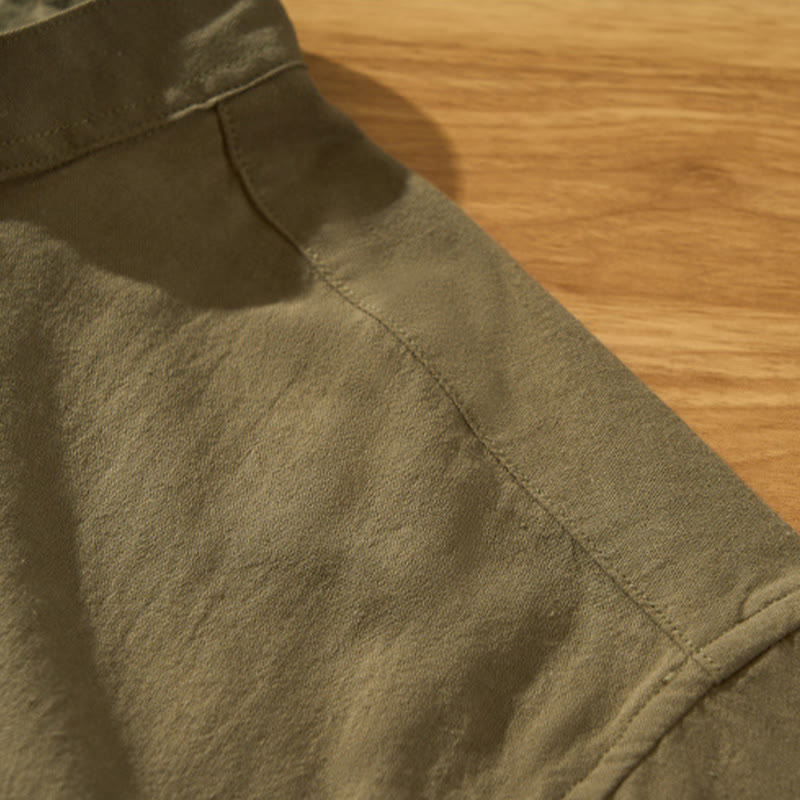 Summer Solid Men's Half Button Short Sleeve Cotton Shirt - Image 31