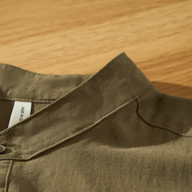 Summer Solid Men's Half Button Short Sleeve Cotton Shirt - Image 33