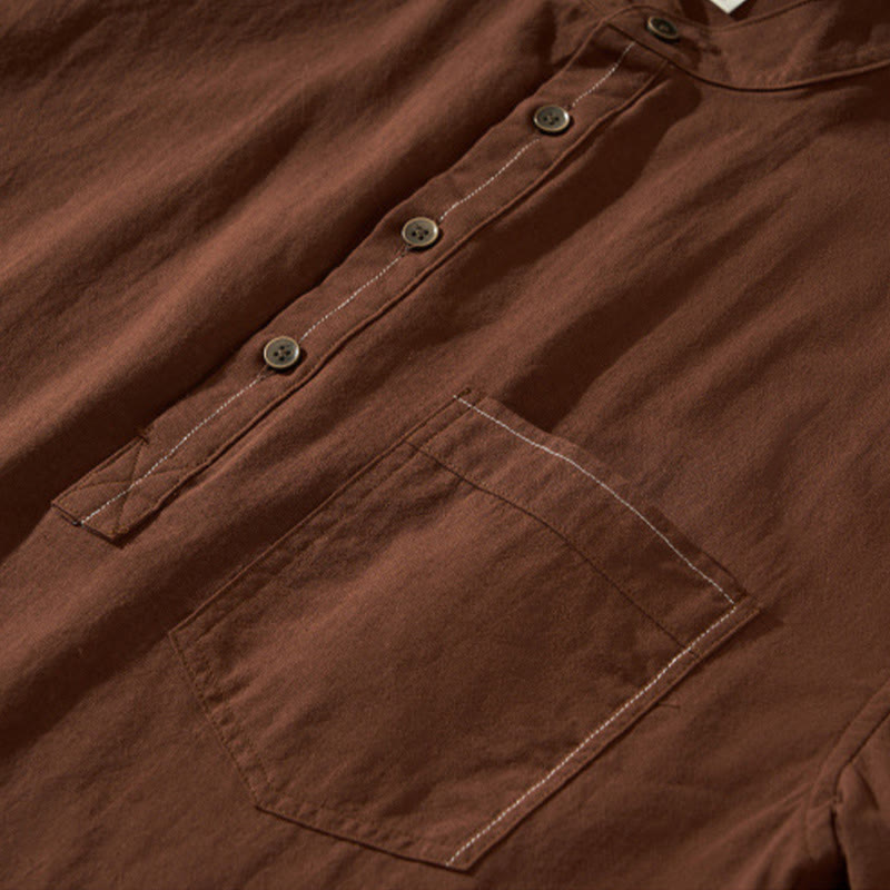 Summer Solid Men's Half Button Short Sleeve Cotton Shirt - Image 25