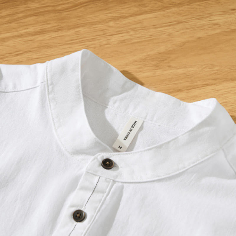 Summer Solid Men's Half Button Short Sleeve Cotton Shirt - Image 18