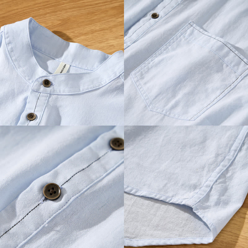 Summer Solid Men's Half Button Short Sleeve Cotton Shirt - Image 4