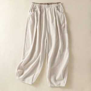 Vintage Commute Solid Color Simple Design 7-8 Length High Waist Women's Harem Cotton Linen Pants With Pockets
